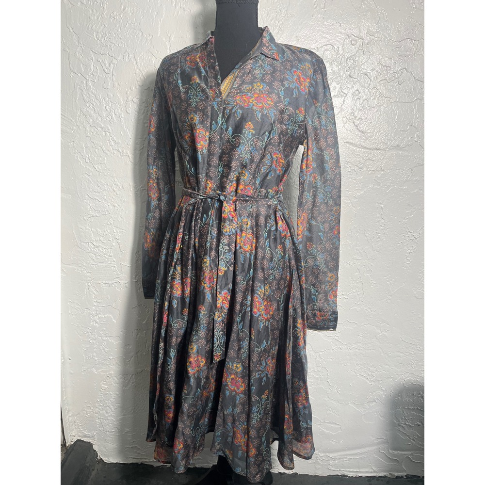 Fabindia Cotton Silk Floral Belted Midi Shirt Dress Size M India Boho